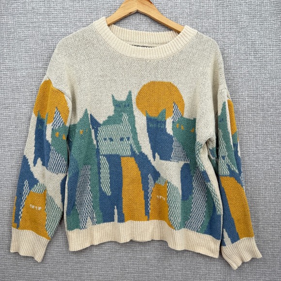 Cat Sweater Novelty Print Womens Knit Crewneck Pullover Animal Blue Green - Picture 1 of 8